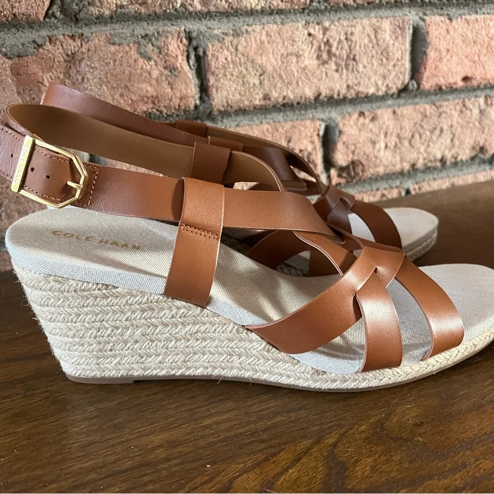 Women's Tan Leather Wedge Sandals - Classic Strappy Espadrille